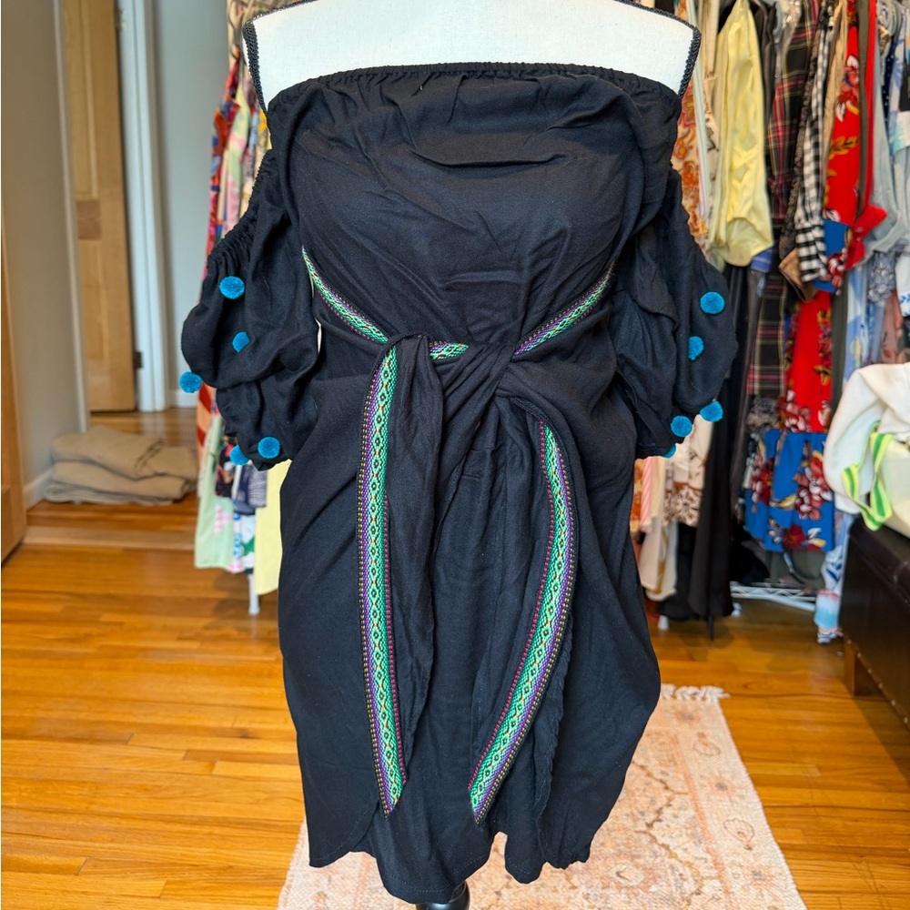 Pitusa Black Off-Shoulder Dress with Pom Details